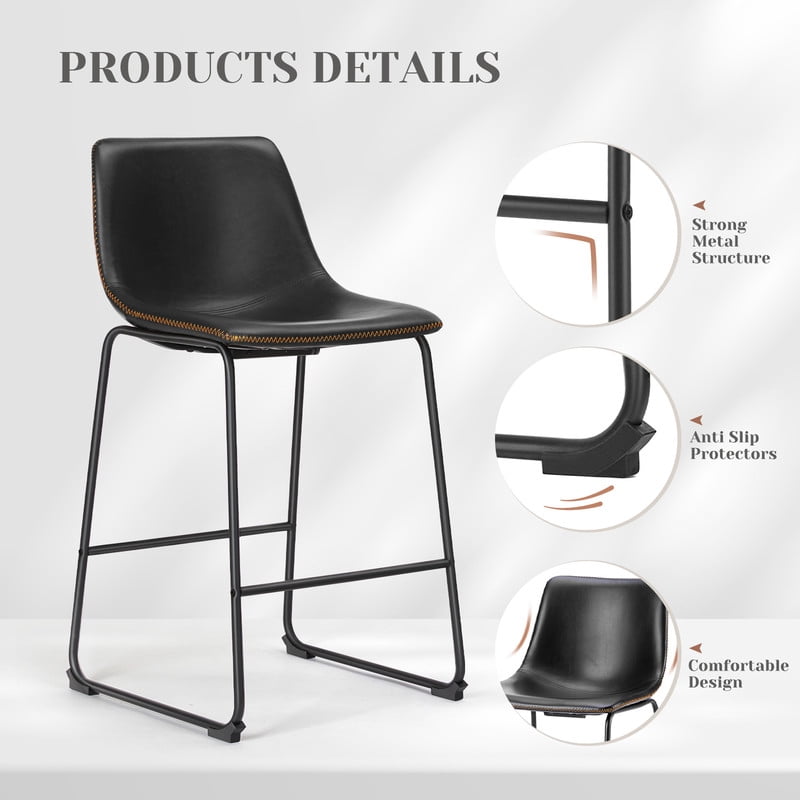 Gianna Counter Height Bar Stools Set of 2, Modern Faux Leather High Barstools with Back and Metal Leg, Bar Chairs for Kitchen Island, Black