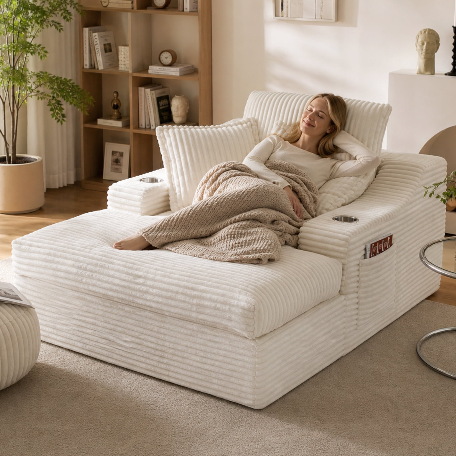47" Wide Oversized Single Chaise Lounge Chair, 67'' Sleeper Sofa Bed with Cup Holders & 3 Pillows