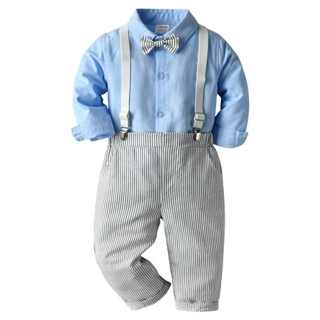 

IMEKIS Baby Boys Fall Clothes Toddler Gentleman Ring Bearer Wedding Party Christmas Bowtie Dress Shirt Suspenders Pants Baptism Christening Outfits for Boys 12-24 Months Sky Blue
