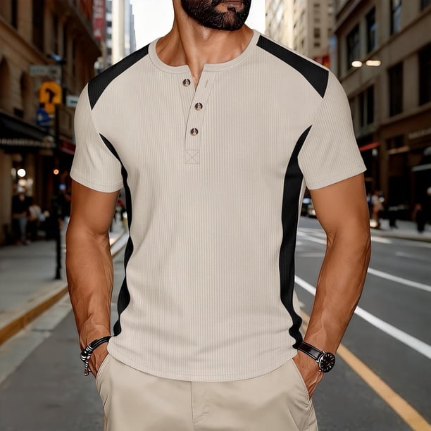 Ceisia Men's Slim Fit Short Sleeve Henley Shirt Waffle Knit Contrast Panel Casual T-shirt Khaki XL Gifts
