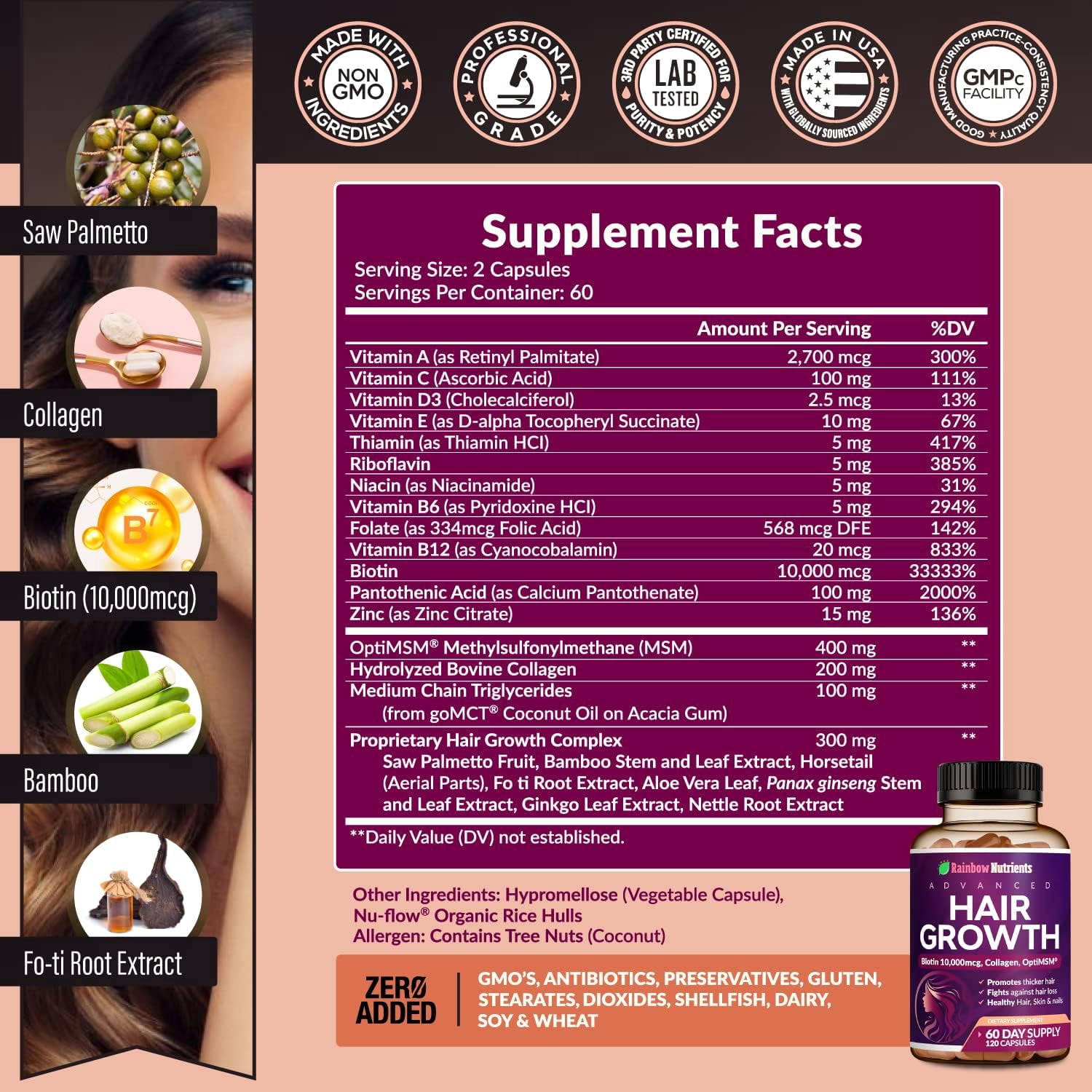 Hair Growth Vitamins for Women , Biotin 10,000mcg, Collagen, Patented OptiMSM , goMCT , Saw Palmetto , Naturally Regrow Stronger & Healthier Hair, Skin and Nails , Stops Hair Loss , 60 Day Supply