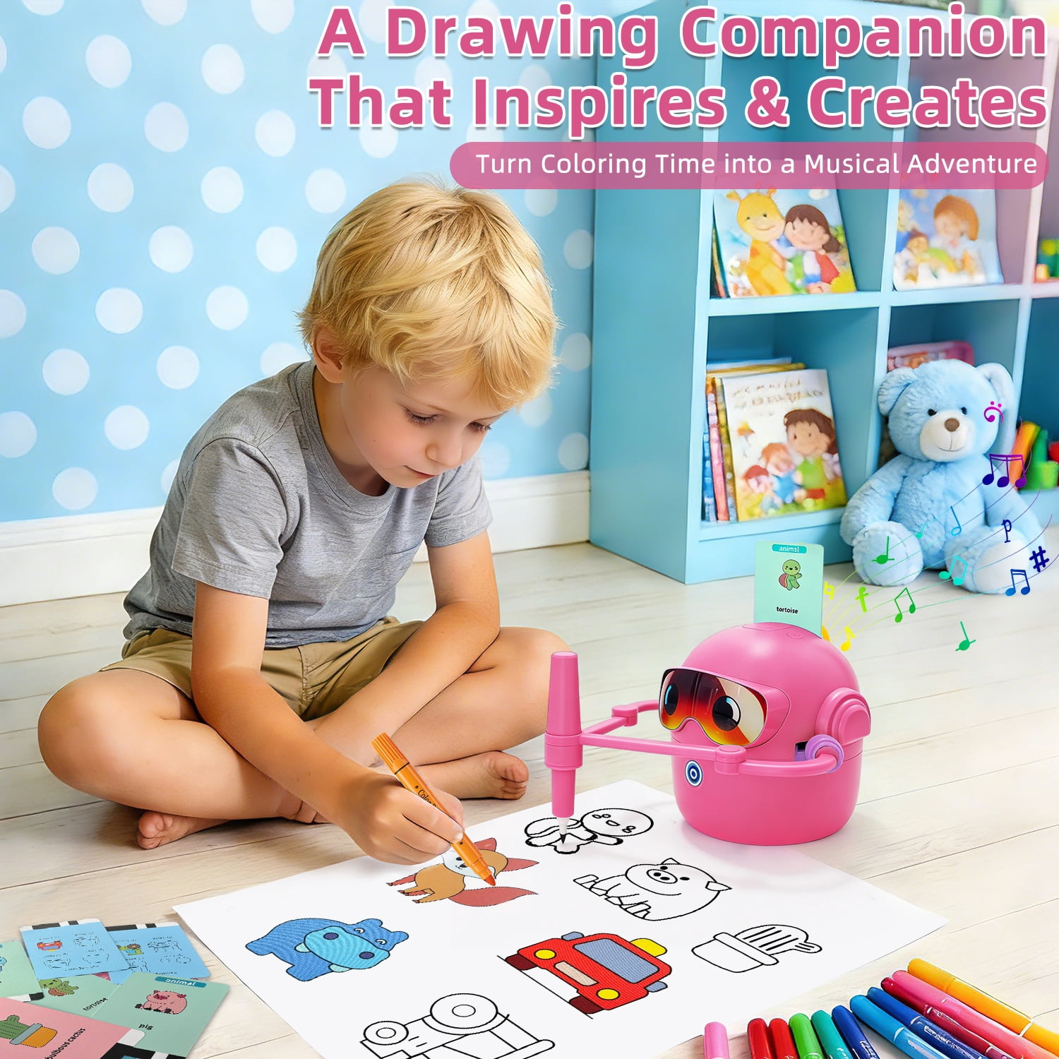 Educational Drawing Robot for Kids Ages 3-8 | Voice Interactive Learning Toys with 100 Word Cards & 12 Color Pens | Montessori Painting Machine for Boys Girls | Birthday Party Gifts (Pink)