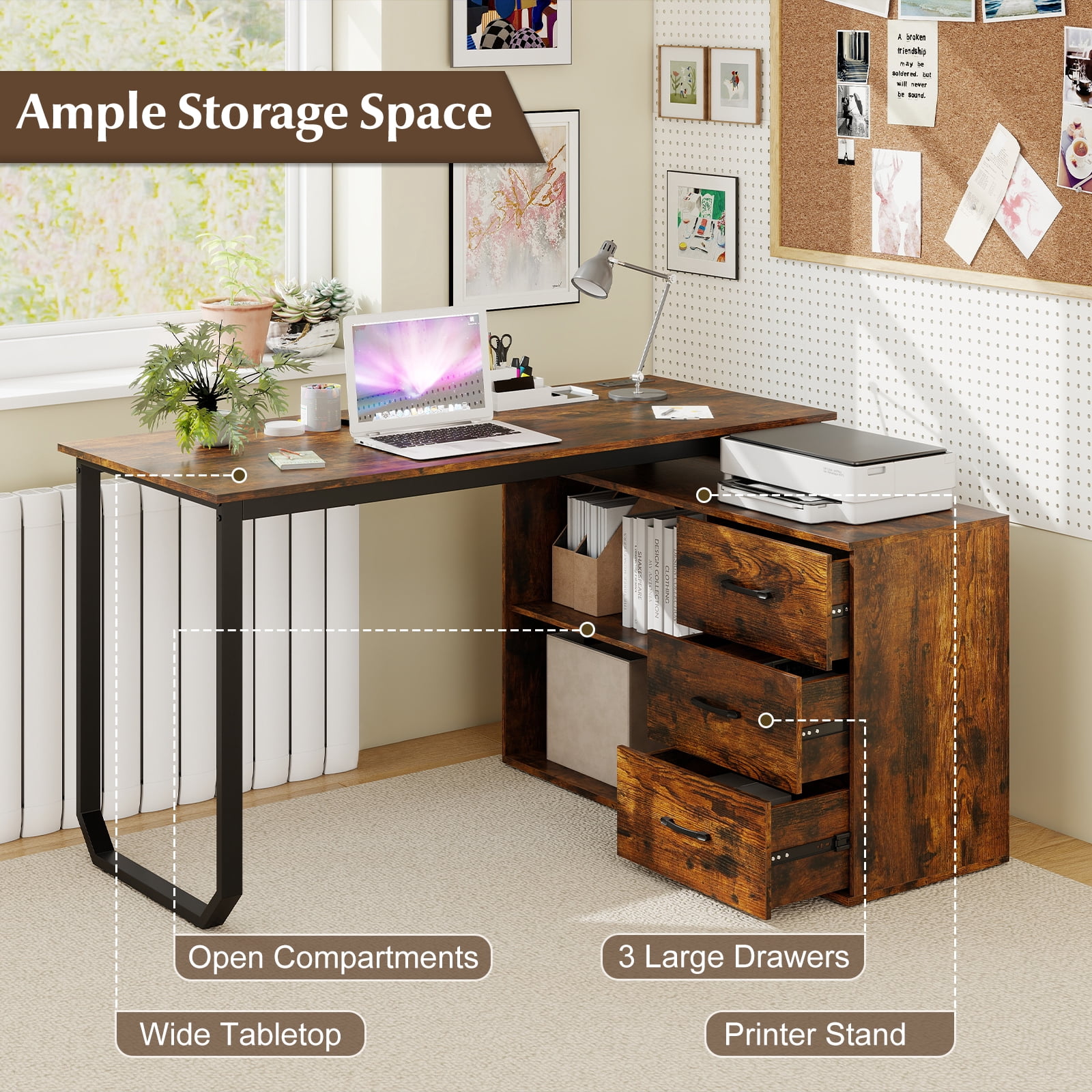 Costway L-Shaped Desk with Power Outlet 55" Reversible Computer Desk with 3 Drawers Rustic Brown & Black