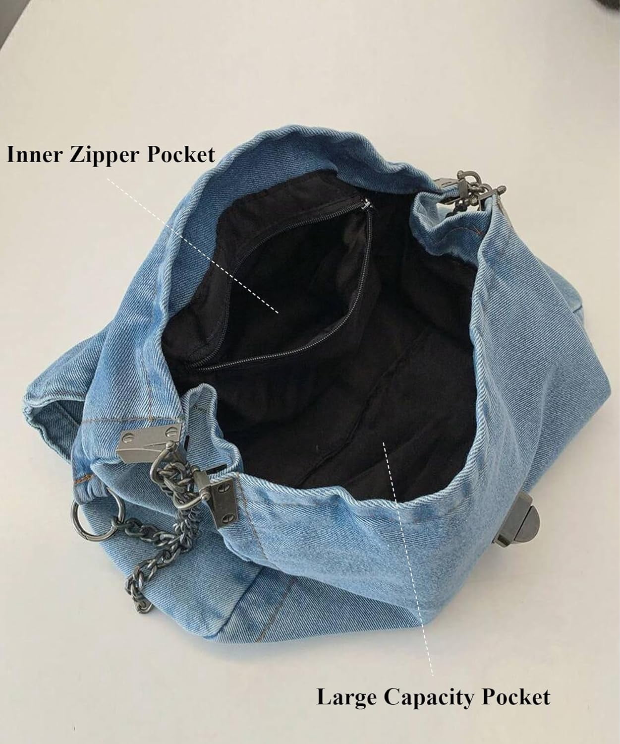 Denim Tote Bag for Women Fashion Adjustable Chain Shoulder Handbag Crossbody Bag Retro Zipper Hobo Purse
