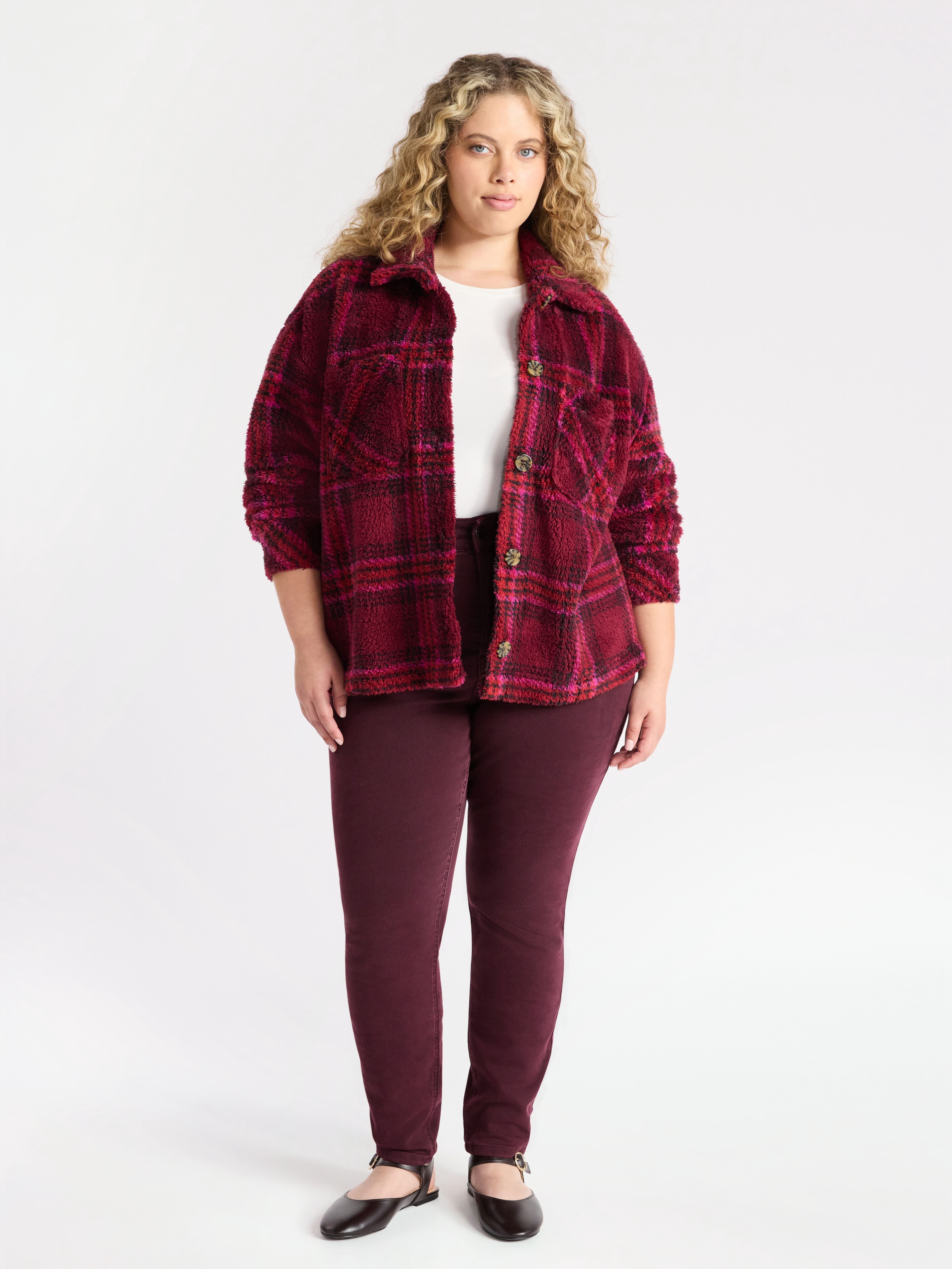Terra & Sky Women's Plus Size Cozy Button Front Shacket with Long Sleeves, Sizes 0X-5X