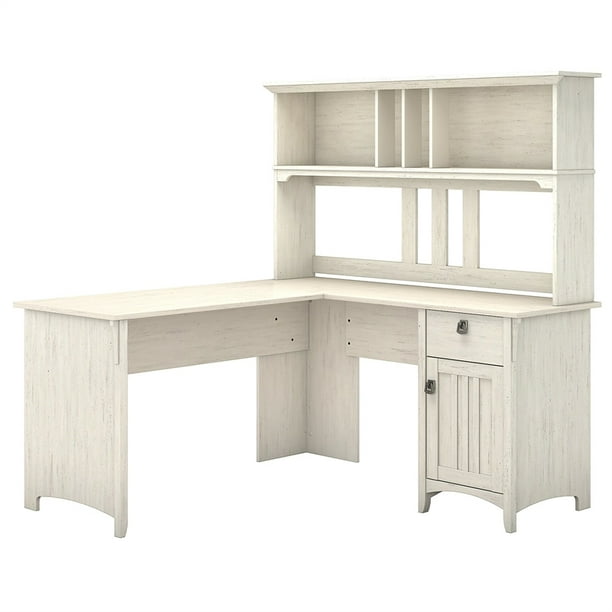 Salinas L Shaped Desk with Hutch in Antique White Engineered Wood