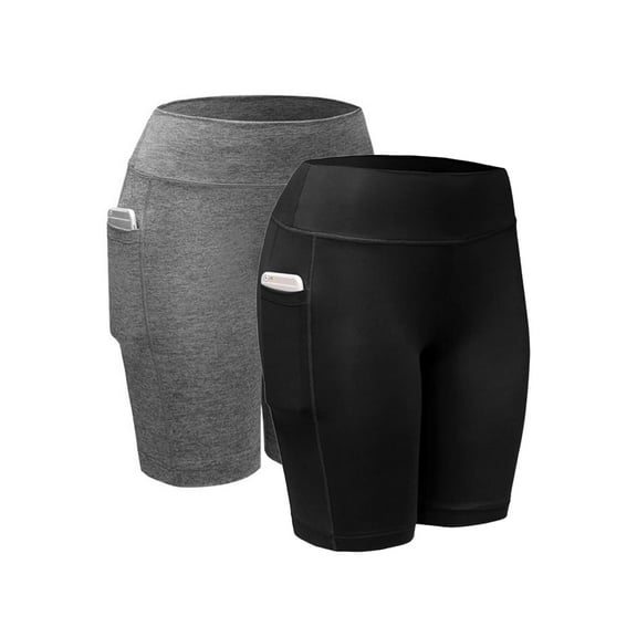 Spencer 2Pack Womens High Waist Yoga Shorts with Side Pockets Tummy Control Workout 4 Way Stretch Yoga Leggings "L, Black&Gray"