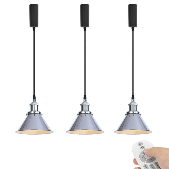 KAYYELAMP Set of Three J-Type Track Light Adjustable Cord Dimming Timing Pendant Silver Metal Lamp E26 Base Vintage Design for Kitchen Bar Loft(No Track)