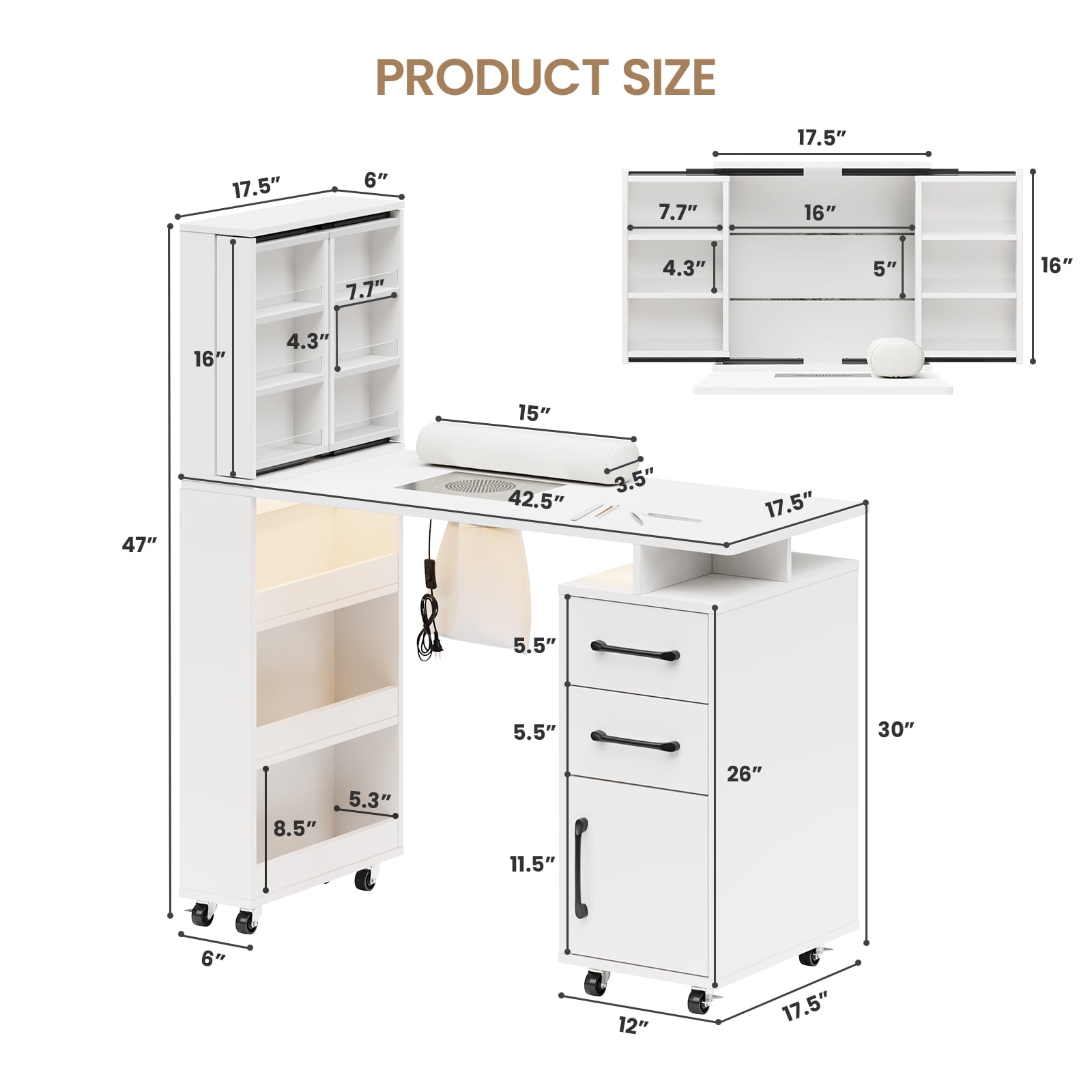 Advwin Professional Manicure Table with Extendable Nail Polish Cabinet, Dust Collector, LED Light & Wrist Rest, Rolling Nail Desk for Nail Tech, Beauty Nail Station for Home & Salon, White
