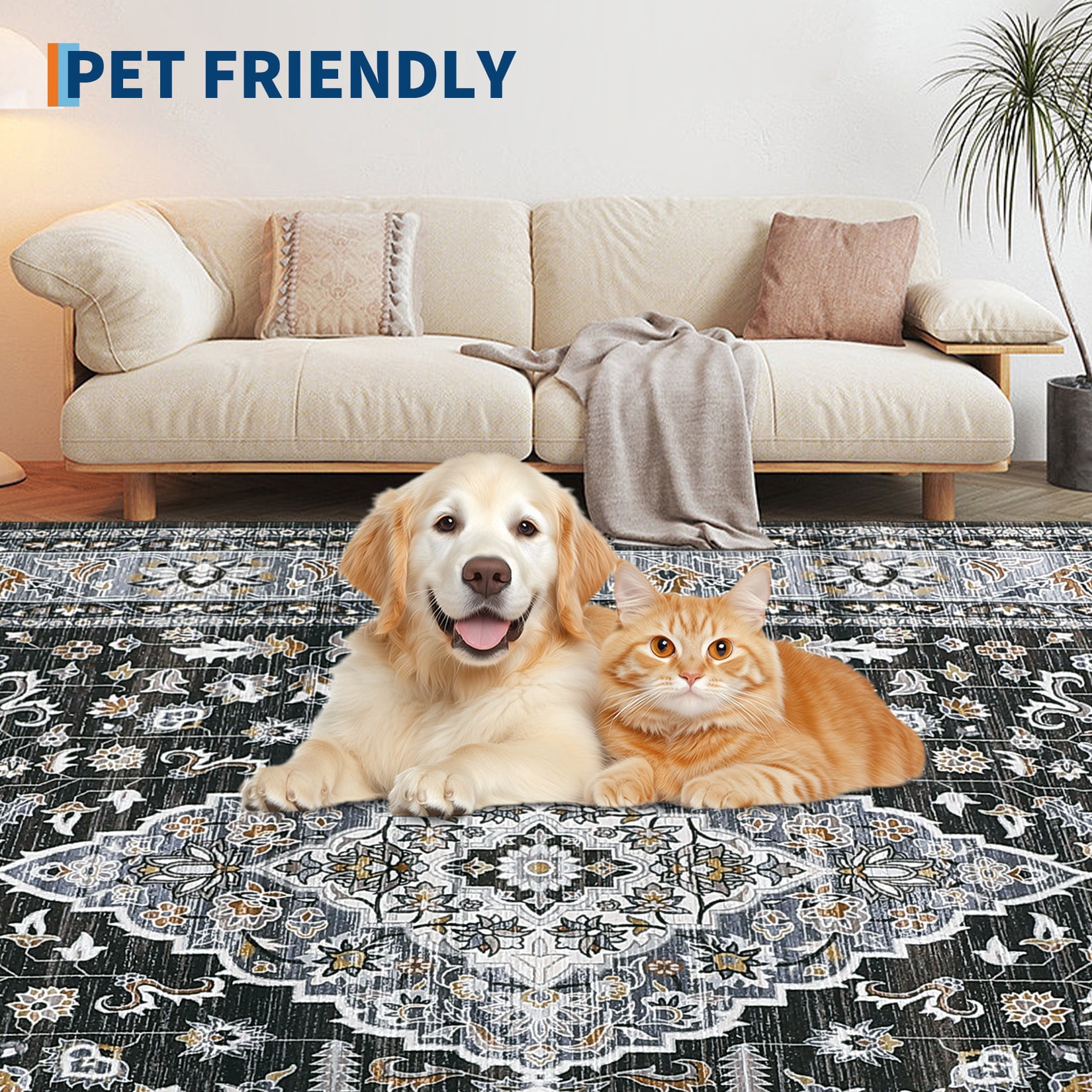 Garvee Vintage Floral Print Area Rug, 8'x10' Washable Rug Stain Resistant Indoor Carpet Non-Slip Low Pile Floor Rugs for Living Room Bedroom Dining Room, Black