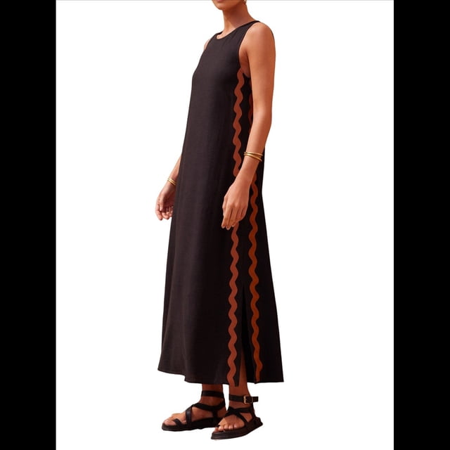 Vestido Informal de Mujer, Sin Mangas, Cuello Redondo, Color Liso, con Costuras de Encaje y Abertura, Medio. Negro XL