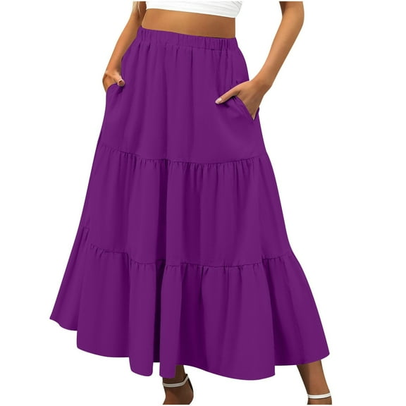 EDFBUYKRS Female Skirts White Tutu Skirt for Women Plus Size Women S Summer Boho Elastic Waist Pleated A Line Flowy Swing Tiered Long Beach Skirt Dress with Pockets