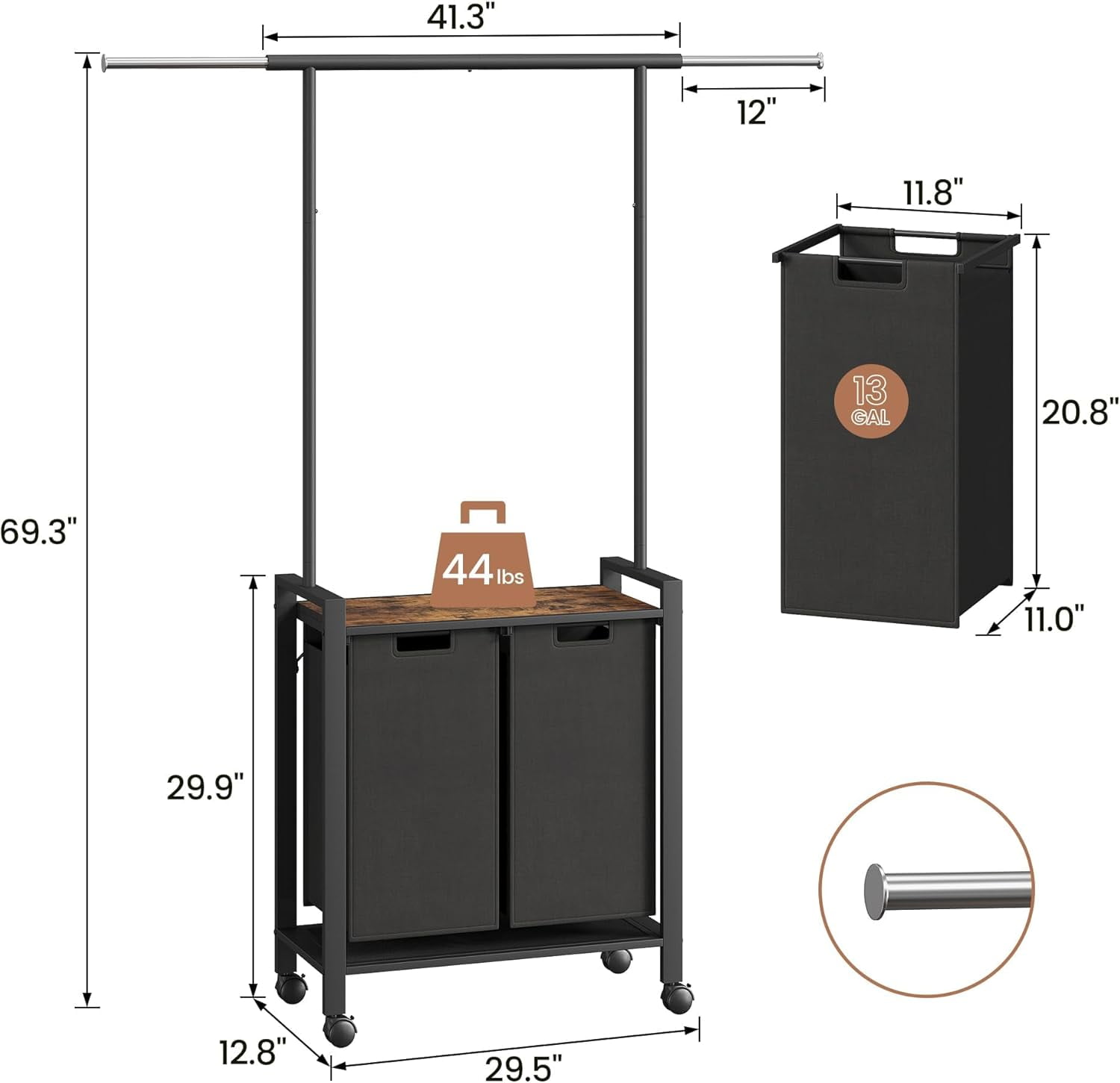 Laundry Hamper Sorter with Retractable Hanging Rod & Locking Wheels - Heavy Duty Laundry Room Organizer with Shelf，2 Hamper