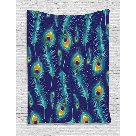 Navy And Orange Living Room Peacock Tapestry, Graphic Peacock Bird Feathers Artistic Background Designed Image, Wall Hanging for Bedroom Living Room Dorm Decor, Navy Blue Aqua and Orange, by Ambesonne ()