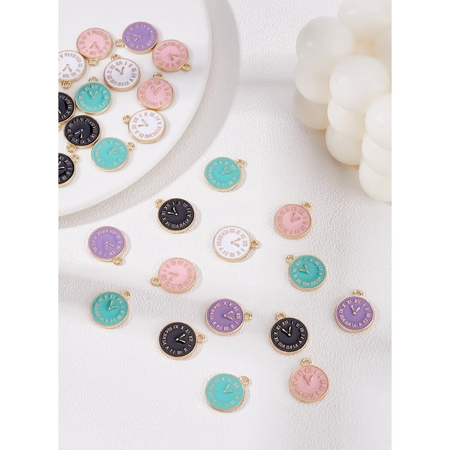 30Pcs 5 Colors Alloy Enamel Pendants Clock Charms Mixed Color 17x14.5x1.7mm Hole: 1.6mm 6pcs/color