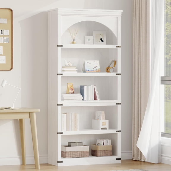 5 Tier Arched Bookcase Farmhouse Wooden Bookshelf with Open Display Shelves for Living Room White