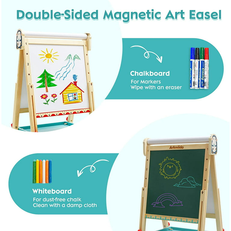 Kids Easel with Paper Roll Double-Sided Whiteboard & Chalkboard