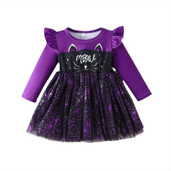GYRATEDREAM Toddler Baby Girl Halloween Dress Little Kid Long Sleeve Bat Cat Printed Halloween Clothes 6M-3Y