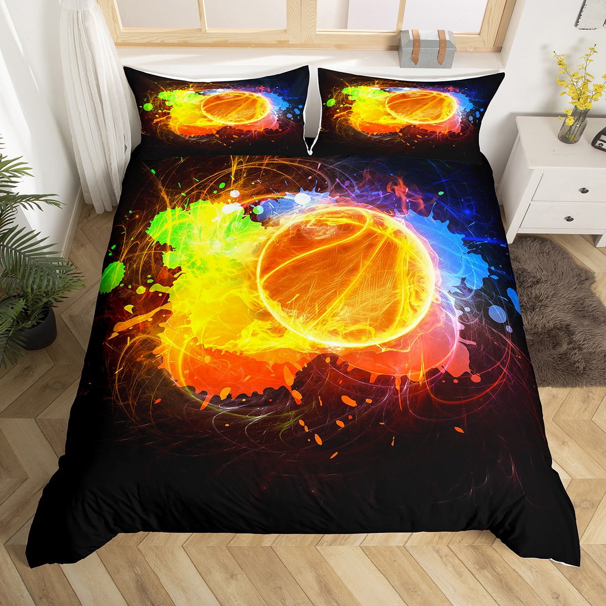 YST Kids Basketball Bedding Set Twin Size, Fire And Ice Ball Duvet