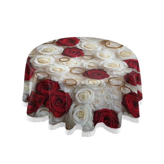 YAZAOO Round Tablecloth Red and White Roses Rings Pattern Tableclothes