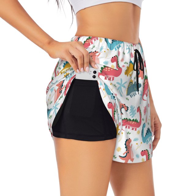 Balery Dinosaur Pantalones cortos deportivos para mujer con forro y dos bolsillos, elásticos, para entrenamiento, gimnasio, yoga-Medium