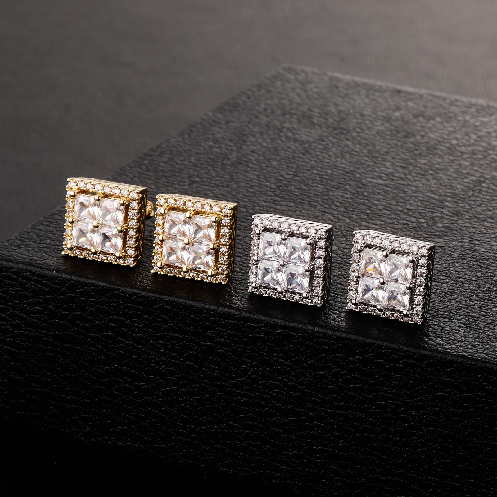 Unisex square stud earrings, hypoallergenic, 18K white gold/yellow gold plated, princess-cut clear cubic zirconia, 13mm.