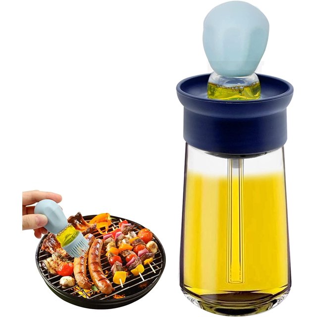 Dispensador de aceite de oliva azul de 180 ml con cepillo, botella de aceite de vidrio, cepillo de silicona 2 en 1, botella de aceite exprimible para cocinar, freír, hornear, asar panqueques