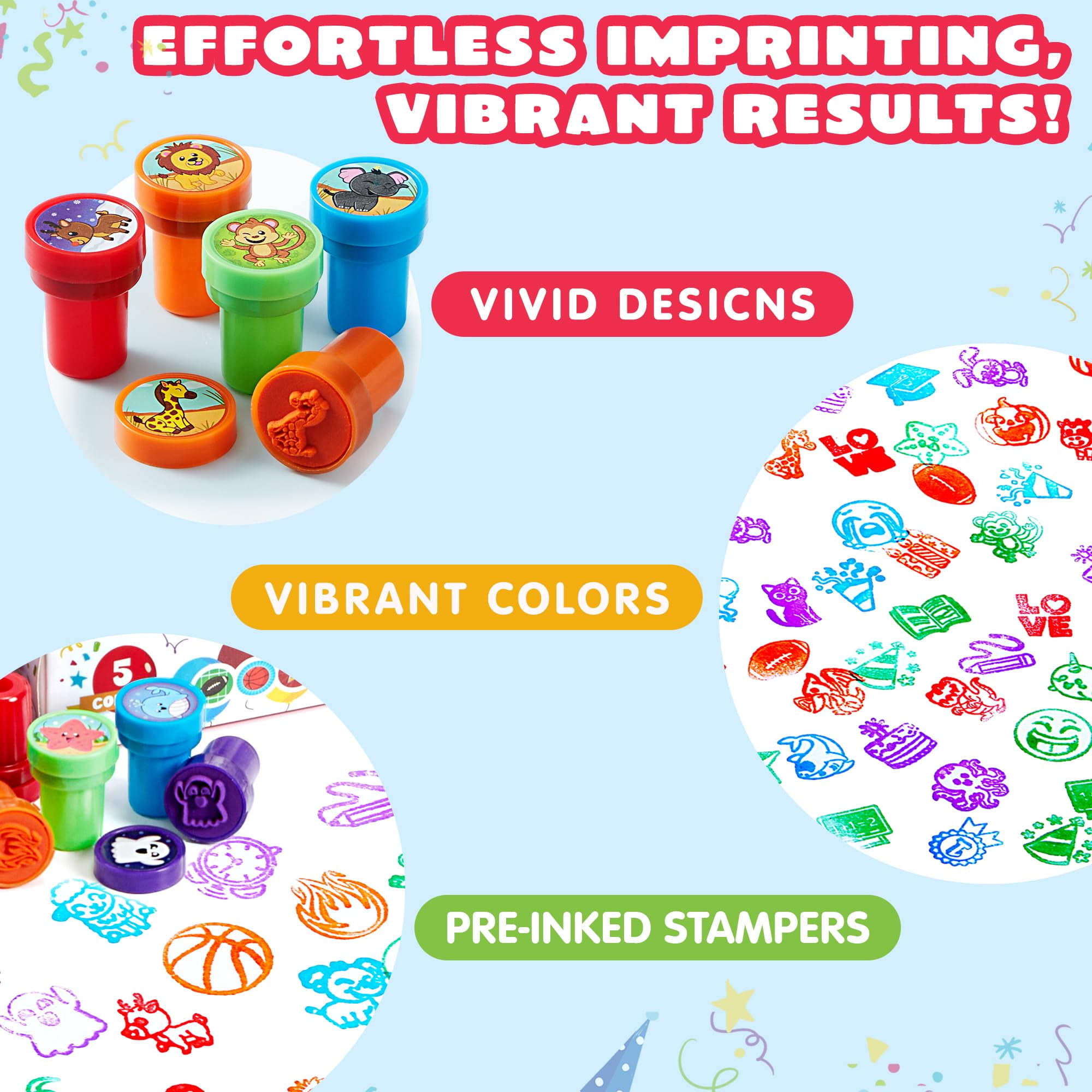 (3 pack) Joyfy 50 Pcs Assorted Stamps for Kids, Self-Ink Stamps with 50 Designs for Birthday Party Favor, Carnival Prizes, School Stampers, Goodie Bag, Halloween, Christmas