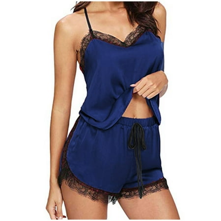 

Women Sleepwear Sleeveless Strap Nightwear Lace Trim Satin Cami Top Pajama Sets Note Please Buy One Or Two Sizes Larger