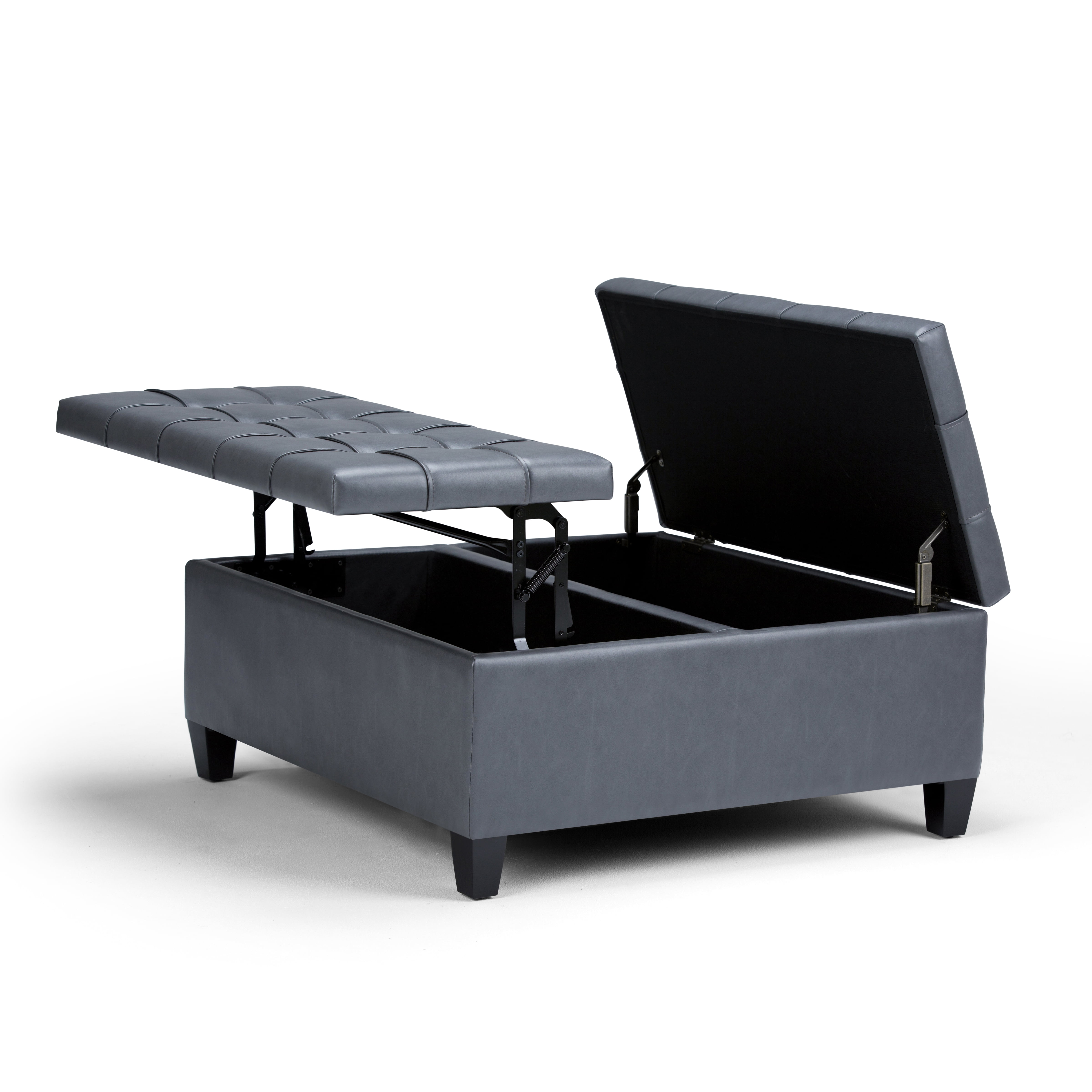 Simpli Home Harrison 36 inch Wide Transitional Coffee Table Storage Ottoman in Stone Grey Vegan Leather