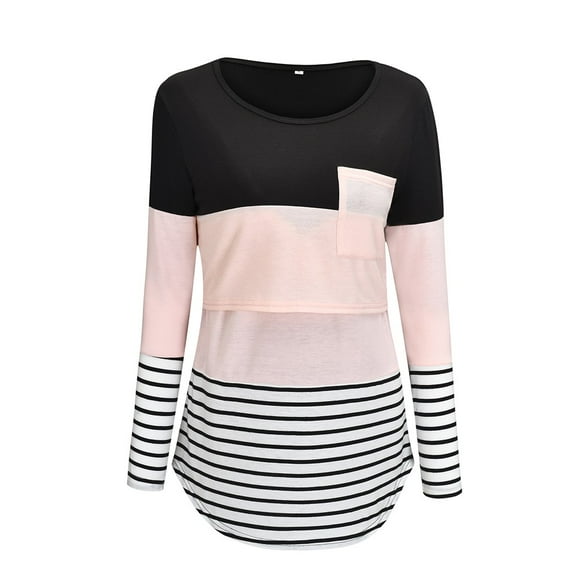 Haut de Maternité et d'Allaitement à Manches Longues, Chemise Rayée, Blouse d'Allaitement Confortable pour Femmes, T-Shirt de Grossesse Doux et Extensible