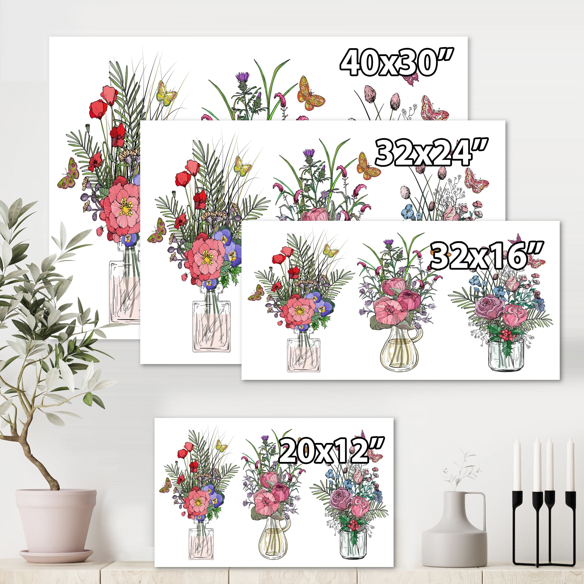 Designart ' Transparent Vases With Bouquets of Wildflowers II ' Farmhouse Canvas Wall Art Print