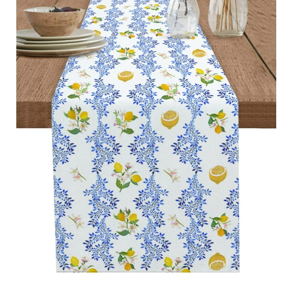 Table Runner Dresser Scarves 90 Inch Long, Watercolor Farm Lemon Fruit Linen Dining Table Runners Retro Blue Flower on White Tabletop Scarf for Wedding Holiday Party Kitchen