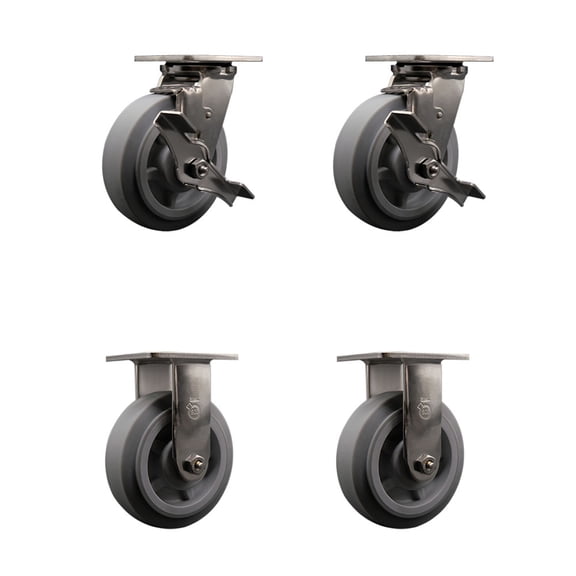 6 Inch 316SS Thermo Flat Tread Caster Set w/Ball Bearings 2 Brakes 2 Rigid SCC