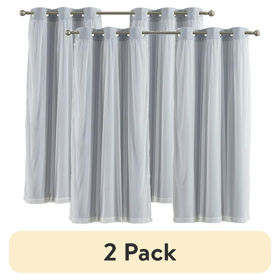 (2 pack) Your Zone Grey Blackout with Sheer Overlay Grommet Curtain Panel, 37" x 63"