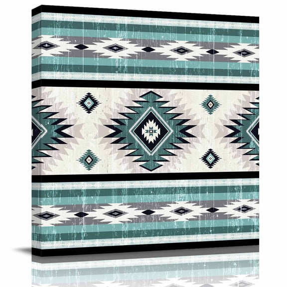 Framed Canvas Wall Art for Living Room Turquoise Boho Aztec Wall Decor, Southwest Tribal Geometric Aesthetic Paintings for Bedroom Office Kitchen, Ready to Hang Artwork Wall Pictures 8x8 Inch
