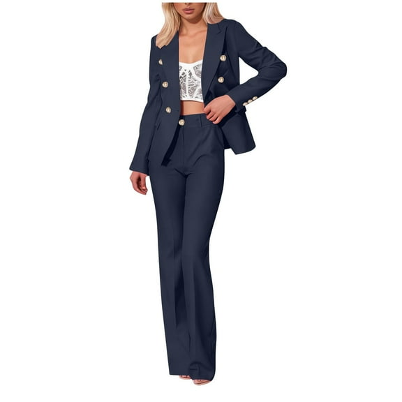 Fmbrln Womens 2 Piece Suit Sets Dressy Casual Outfits Sets Office Business Work Sets Party Sets Long Sleeve Lapel Collar Double Breasted Blazers Jackets and Straight Wide Leg Pants Sets