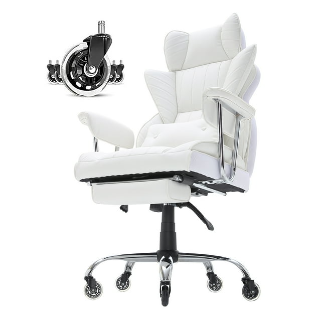 KFFKFF Chaise de Bureau avec Inclinaison et Repose-Pieds, Chaise de Bureau Spacieuse en Cuir PU Durable, Grandes Chaises de Direction avec Soutien Dorsal, Base en Métal Robuste et Roues Silencieuses, Blanc