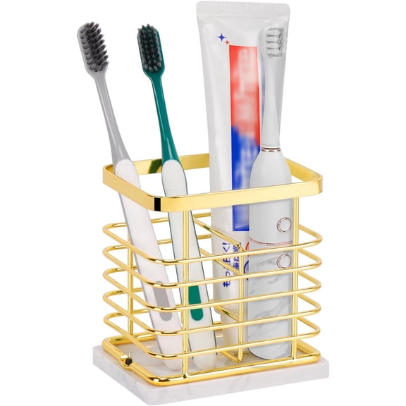 Toothbrush Holder, Luxurious Metal Toothbrush Toothpaste Holder with Marble Base for Bathroom, Multi-Slots Openwork Design, Bathroom Accessory for Storage and Organizer (Small, Gold)