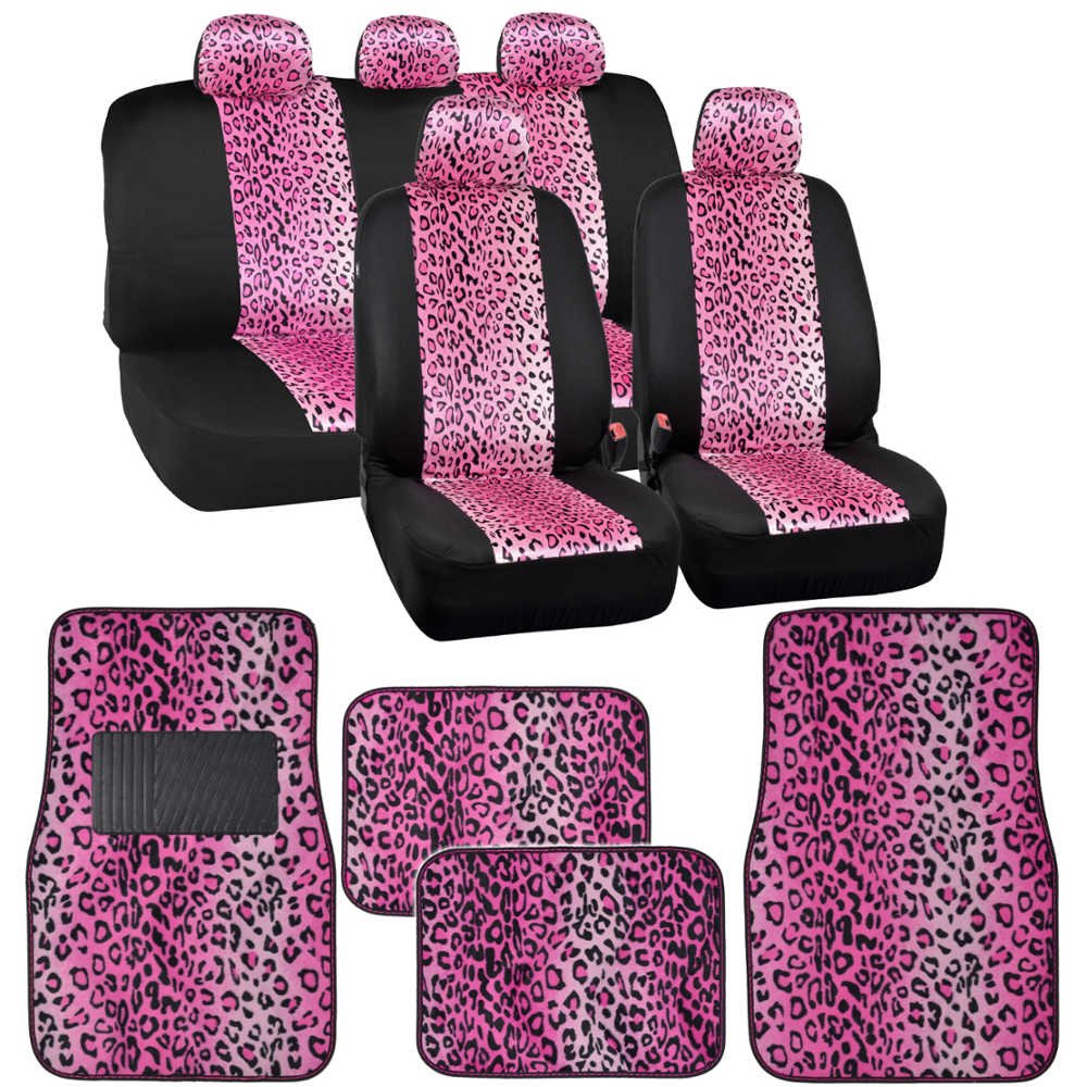 BDK Leopard Car Seat Covers with Floor Mats, Animal Prints 2Tone Split Bench