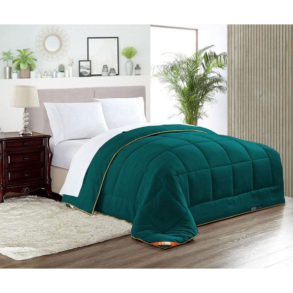 Full Comforter Solid Teal 300 GSM Plush Siliconized Microfiber Fill Duvet Insert Box Stiched Quilted Fluffy Soft 600 TC Egyptian Cotton Shell with Piping & Pillowcases