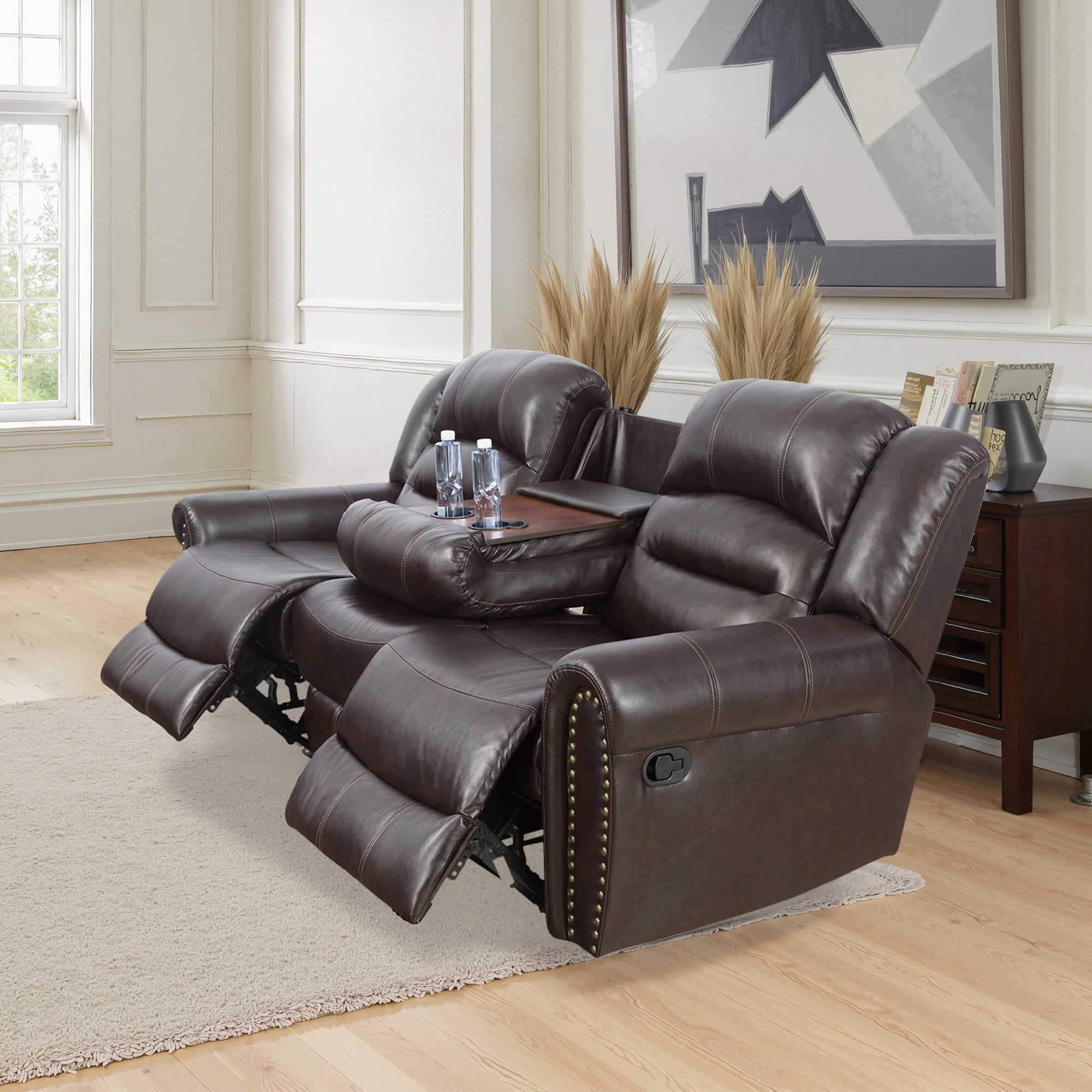 MAYEERTY 85" Modern Semi PU Synthetic Leather Loveseat Recliner Sofa Stylish Business Function Sofa for Living Room，Brown