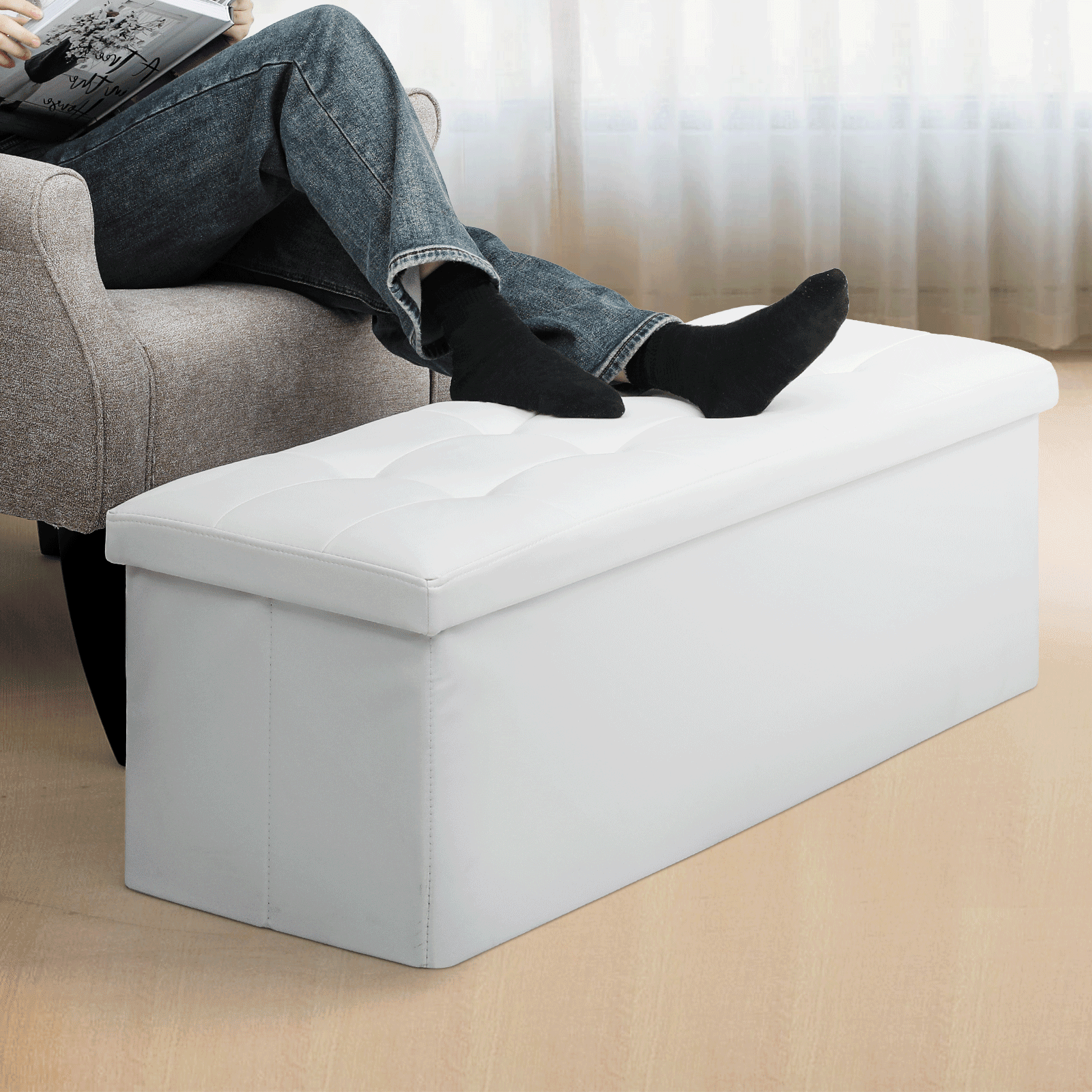 MoNiBloom 43" Collapsible Ottoman with Storage, PU Leather Storage Ottoman Bench, Modern Storage Footstool for Living Room Bedroom Entryway, White