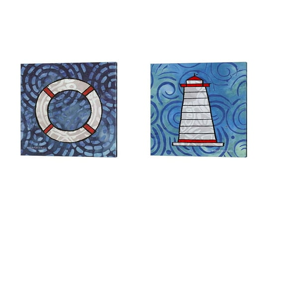 Great Art Now Whimsy Coastal Ring Buoy & Conch Lighthouse by Bluebird Barn 2 Piece Canvas Art Set Each 14"W x 14"H