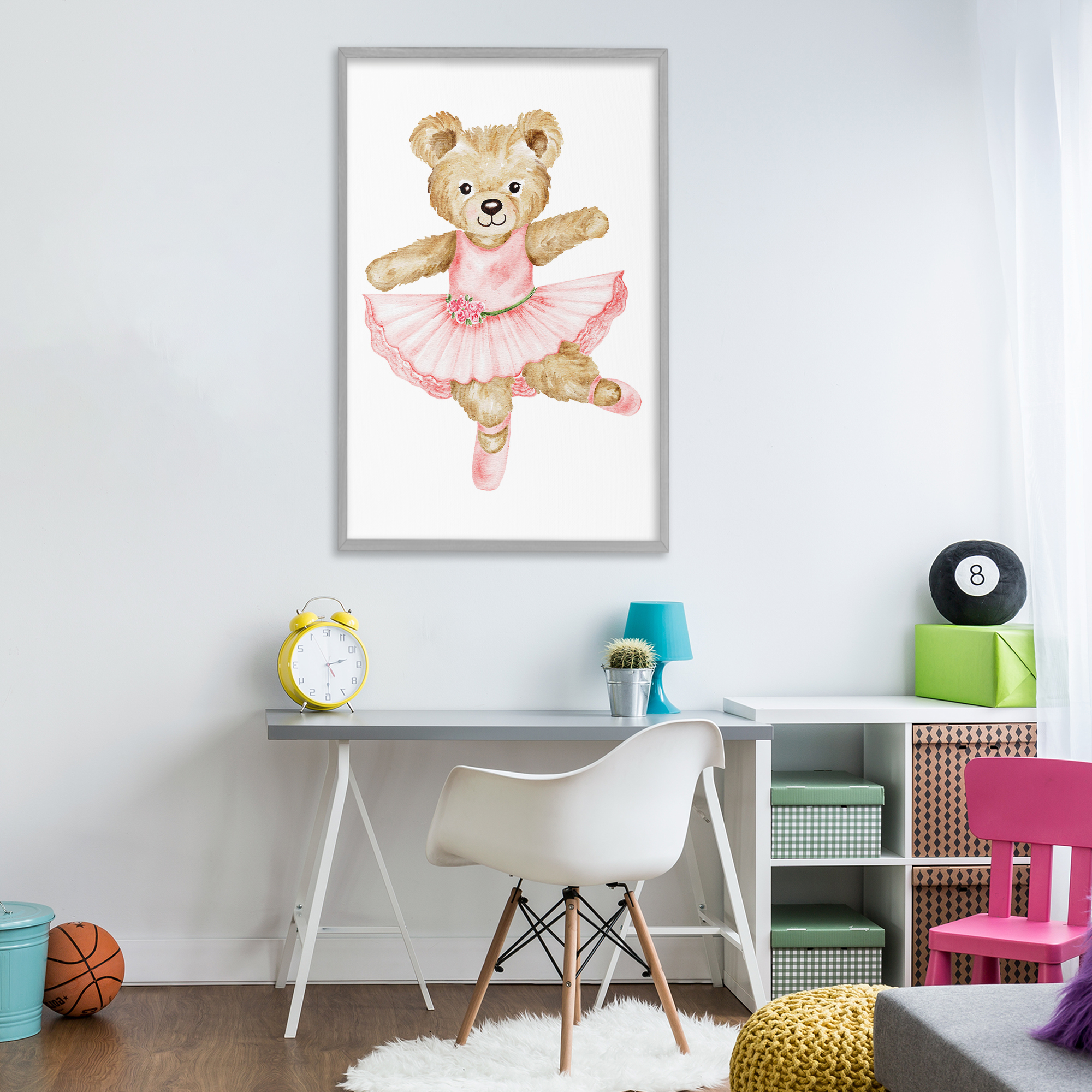 Ballerina Teddy Bear Gray Framed Giclee Art, design by Amy Hall