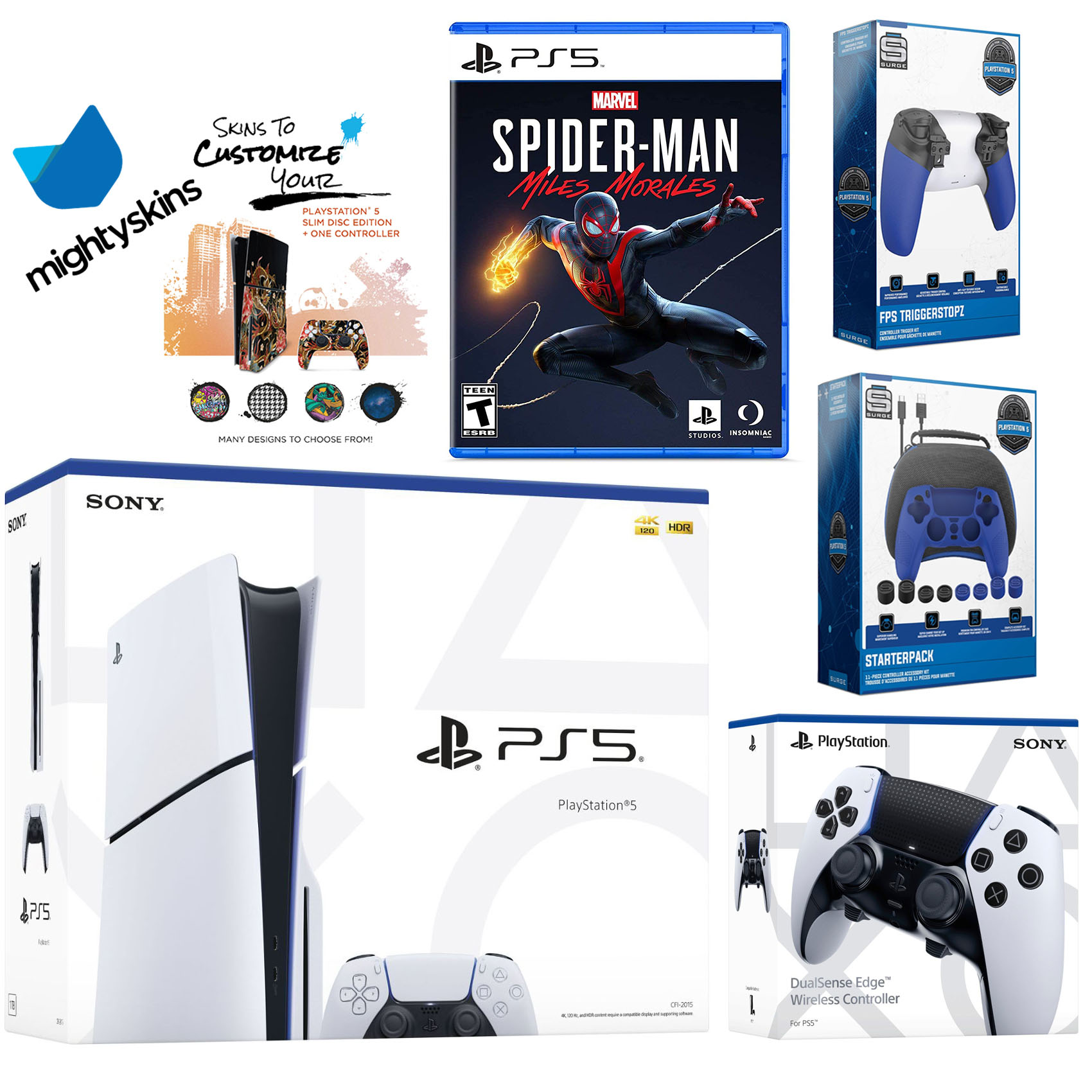 Sony Playstation 5 Slim Disc Bundle with Spider-Man: Miles Morales, Extra EDGE Controller, Pro Gamer Kit, Trigger Kit and MightySkins Decal Voucher