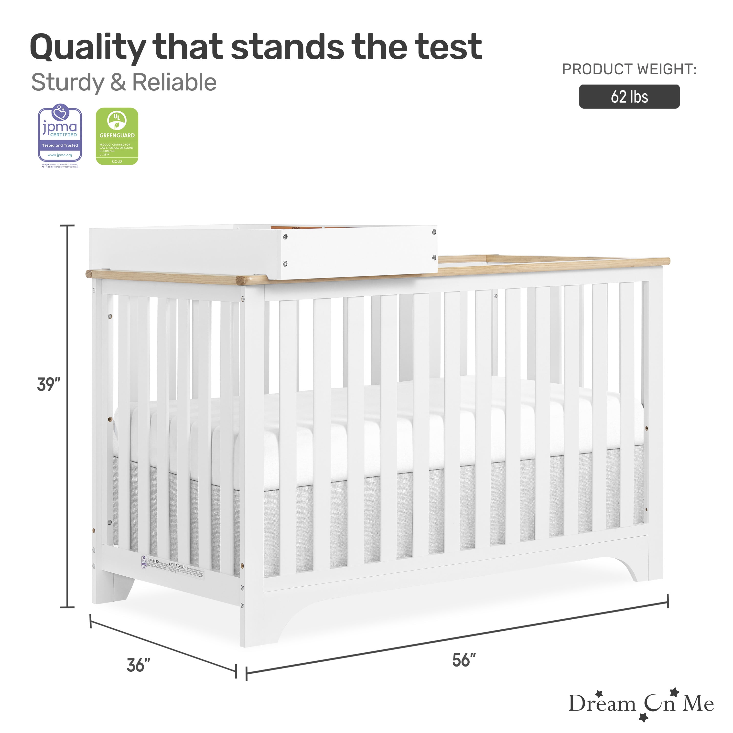 Dream On Me Orion 5-in-1 Convertible Crib with Removable Changing Tray, Vintage White Oak