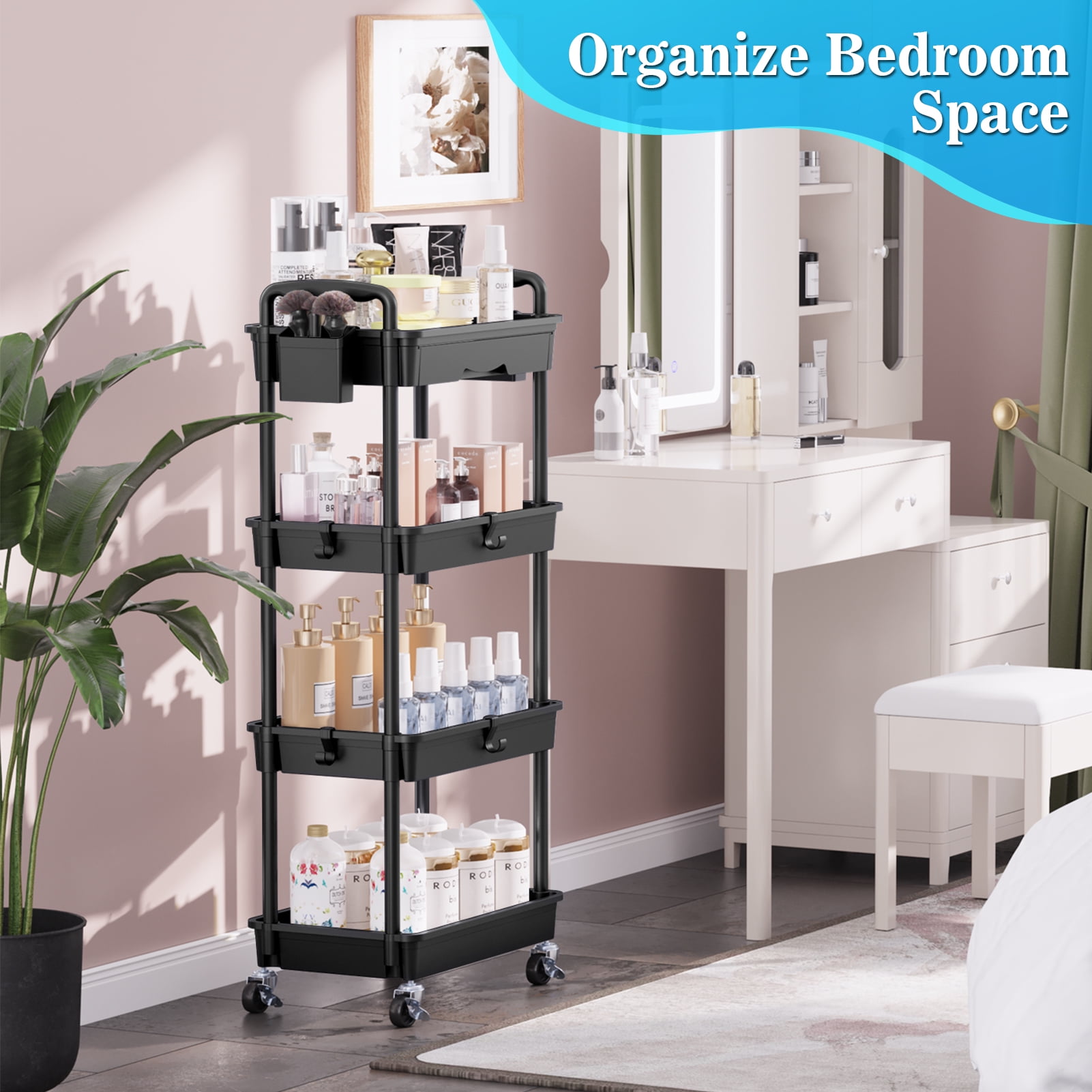 4 Tier Rolling Utility Cart with Removable Drawer, Bathroom Storage Organizer with 2 Lockable Wheels, Mobile Shelving Unit for Kitchen, Office, Snack, Craft, Makeup, Baby Essentials, Black