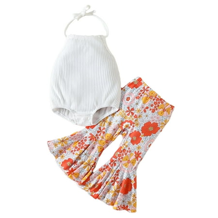 

Frontwalk Baby Tops + Shorts Sleeveless Summer Outfits Floral 2Pcs Outfit Suit Photograph Elastic Waist Halter Neck Orange 100cm