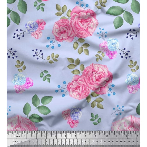 Soimoi Rayon Crepe Fabric Berries,Leaves & Pink Flower Printed Fabric 1 Yard 46 Inch Wide